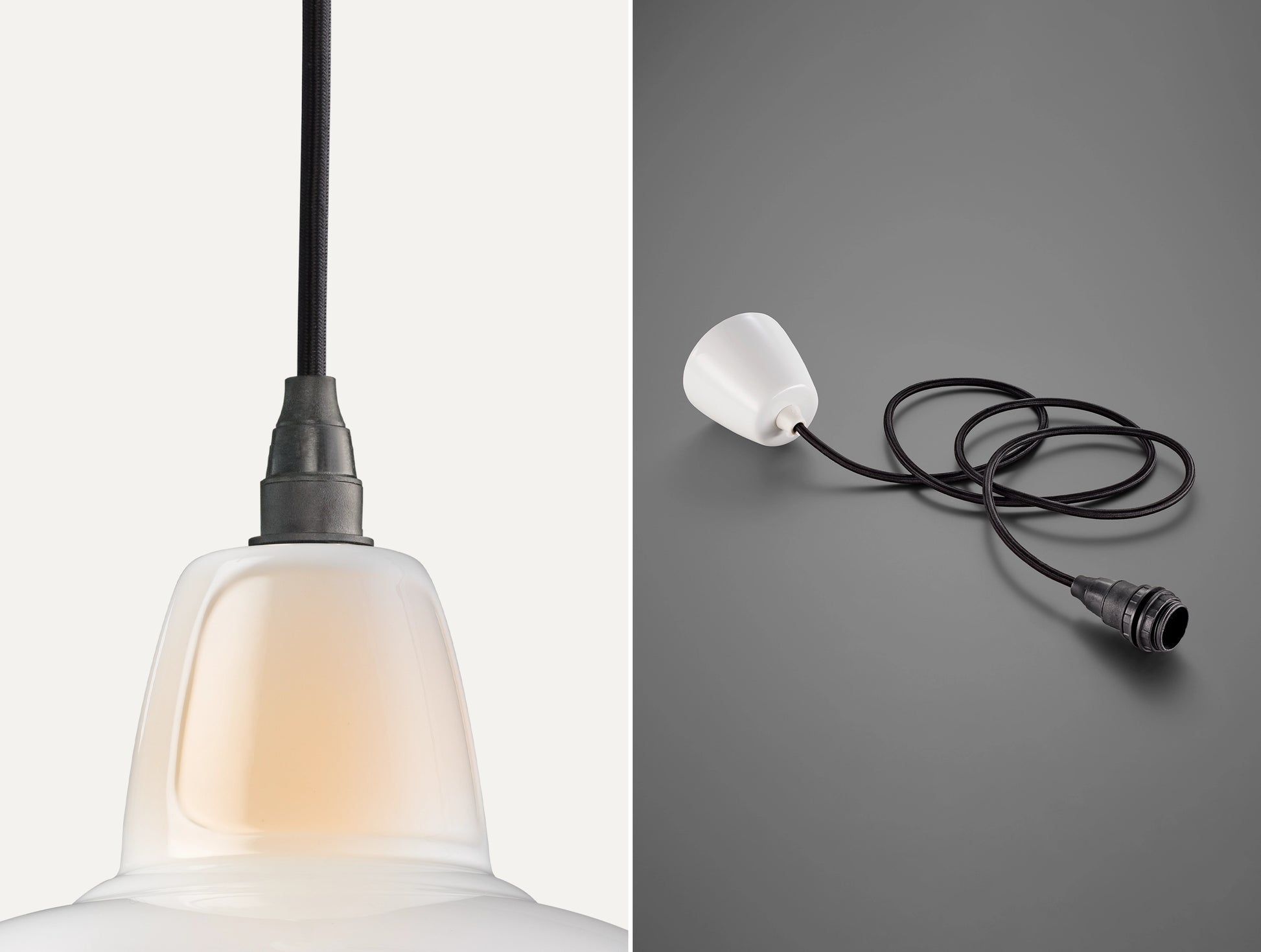 Close up of an E14 Industrial suspension set on a Bone China Silhouette lampshade on the left. On the right, an E14 Industrial pendant set is coiled on a dark grey background