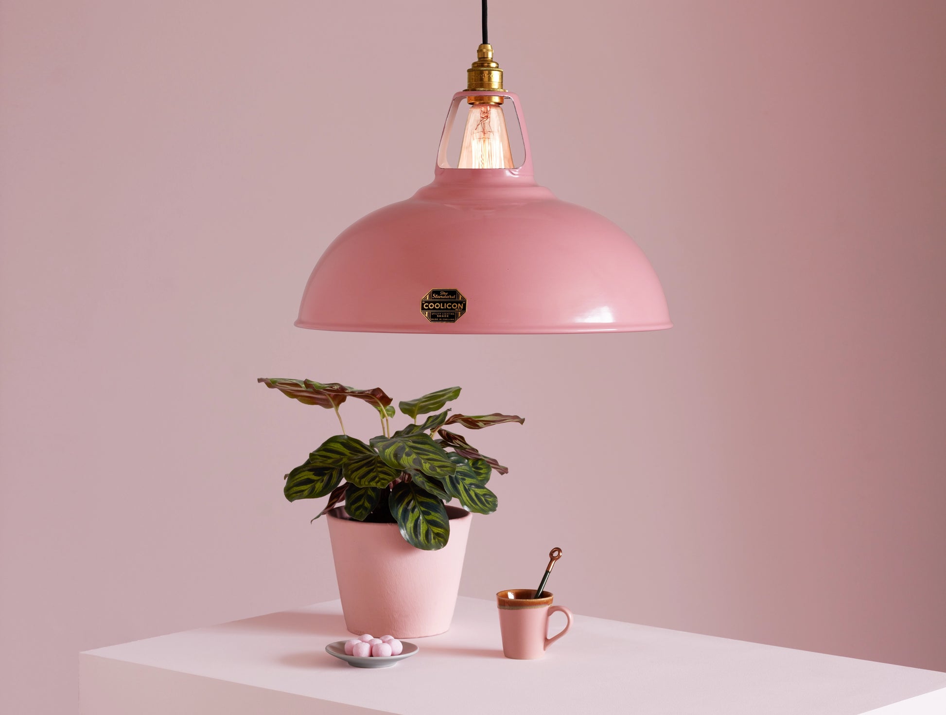 A Large Coolicon Powder Pink lampshade with a Porcelain pendant set hanging above a plinth with a pinstripe calathea plant in a pink plant pot, a pink mug with a copper spoon and a plate with pink bonbons